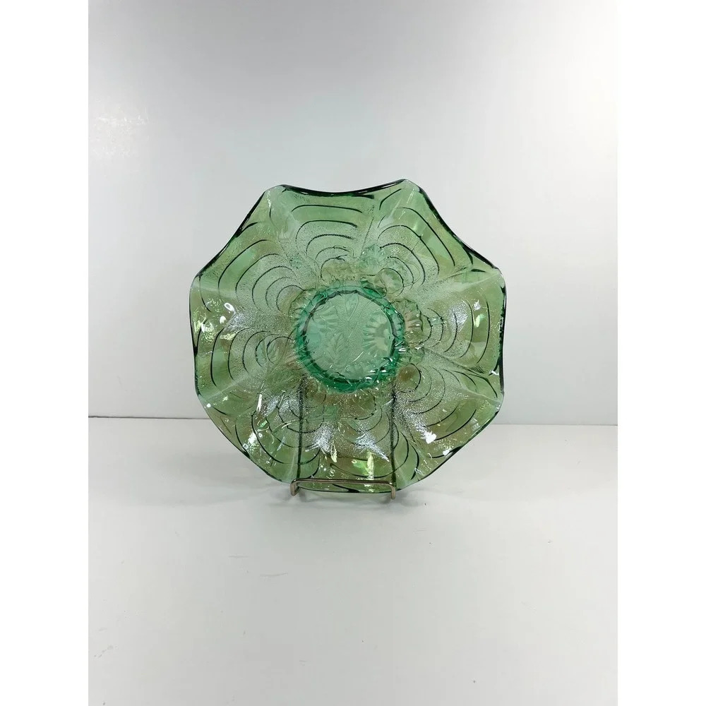 Vtg Imperial Carnival Glass Green Iridescent Pansy Ruffle Bowl Retro